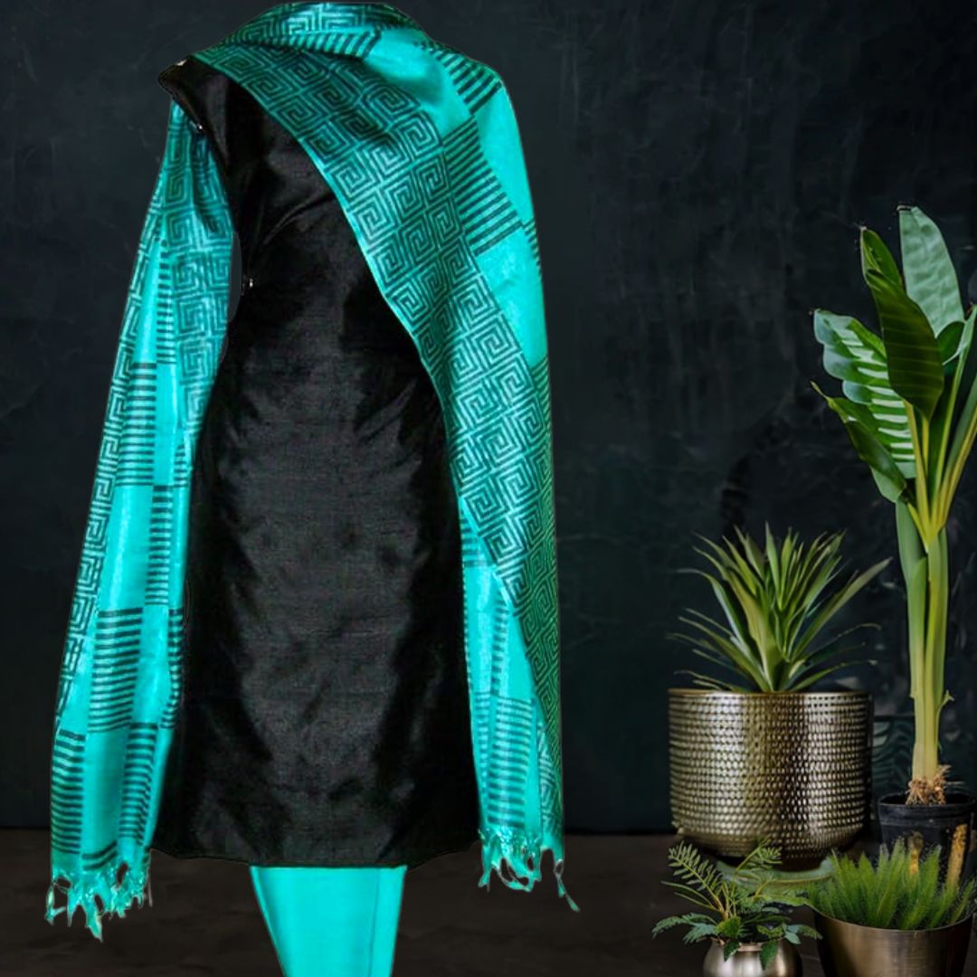 Printed Tussar Silk Dress Material with in Black with Turquoise Blue Dupatta