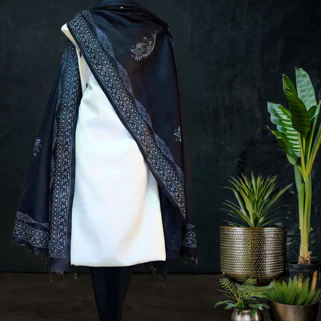 Printed Tussar Silk Dress Material with in White Base Black Dupatta