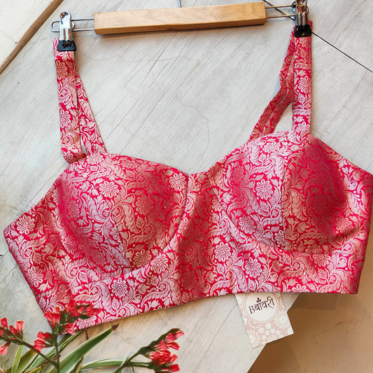 Pink Brocade Silk Strap Bralette Blouse