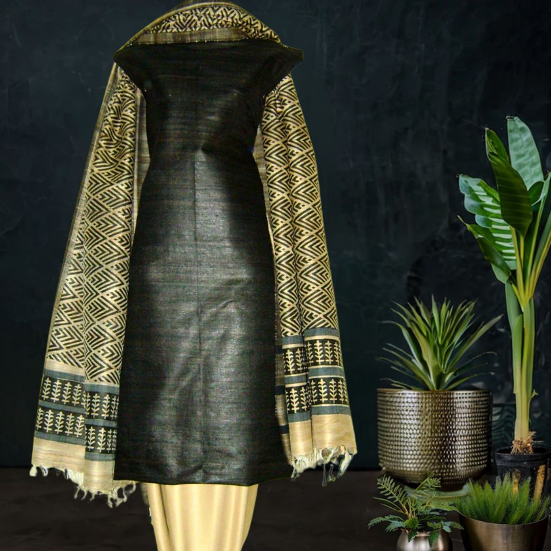 Printed Tussar Silk Dress Material with Cream Black Dupatta