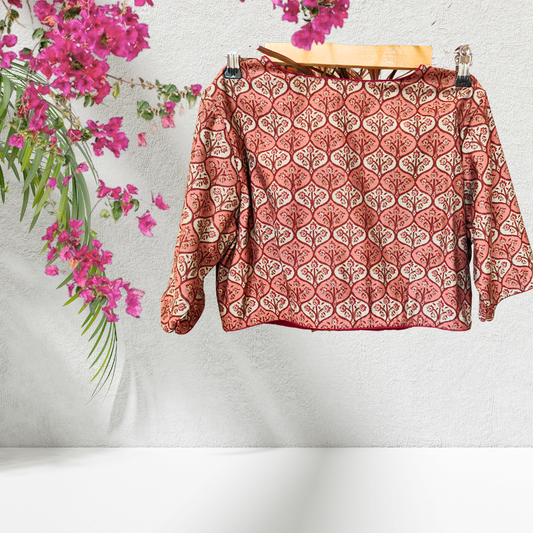 Printed Chanderi Red Silk Blouse