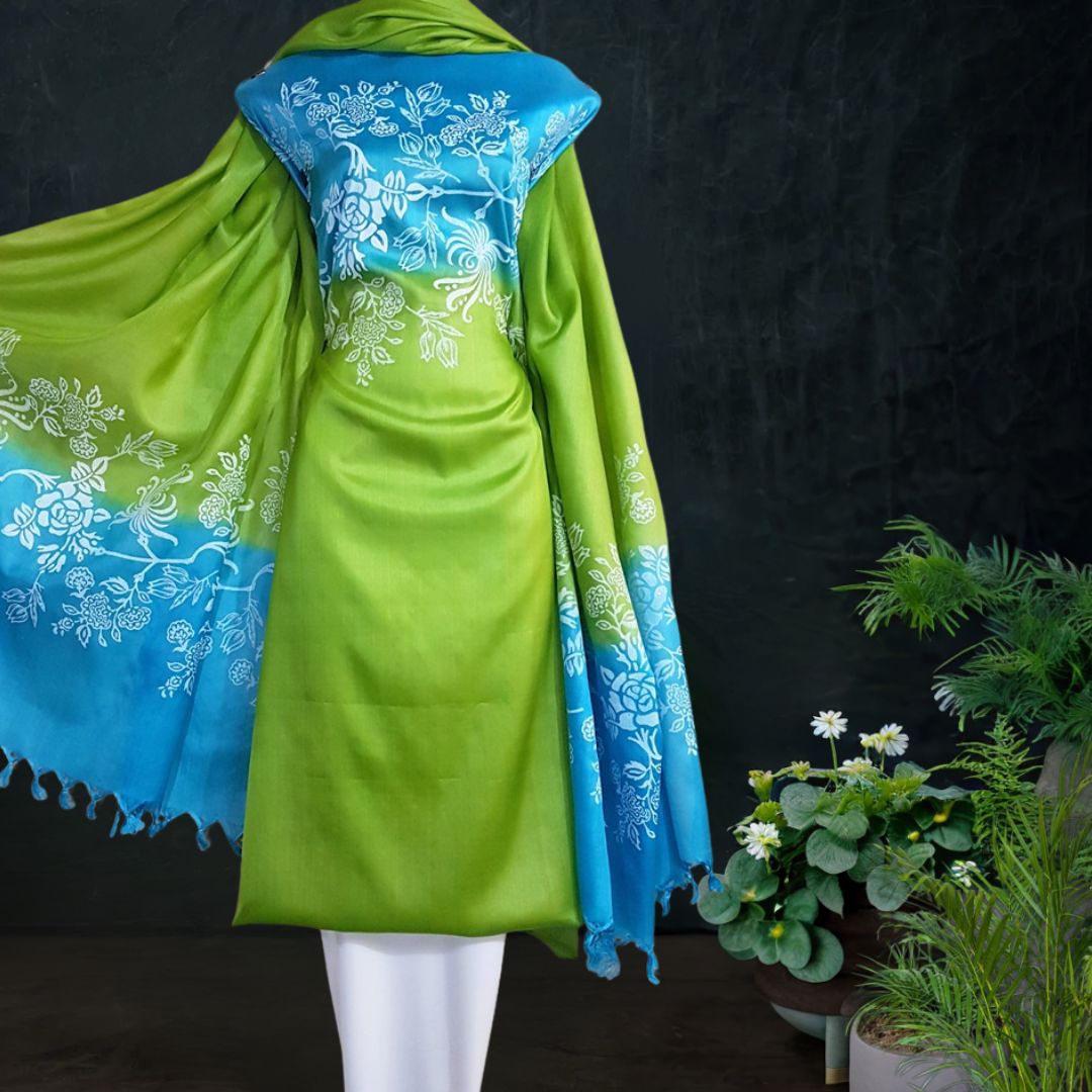 Blue Green Floral Printed Tussar Silk Salwar Material