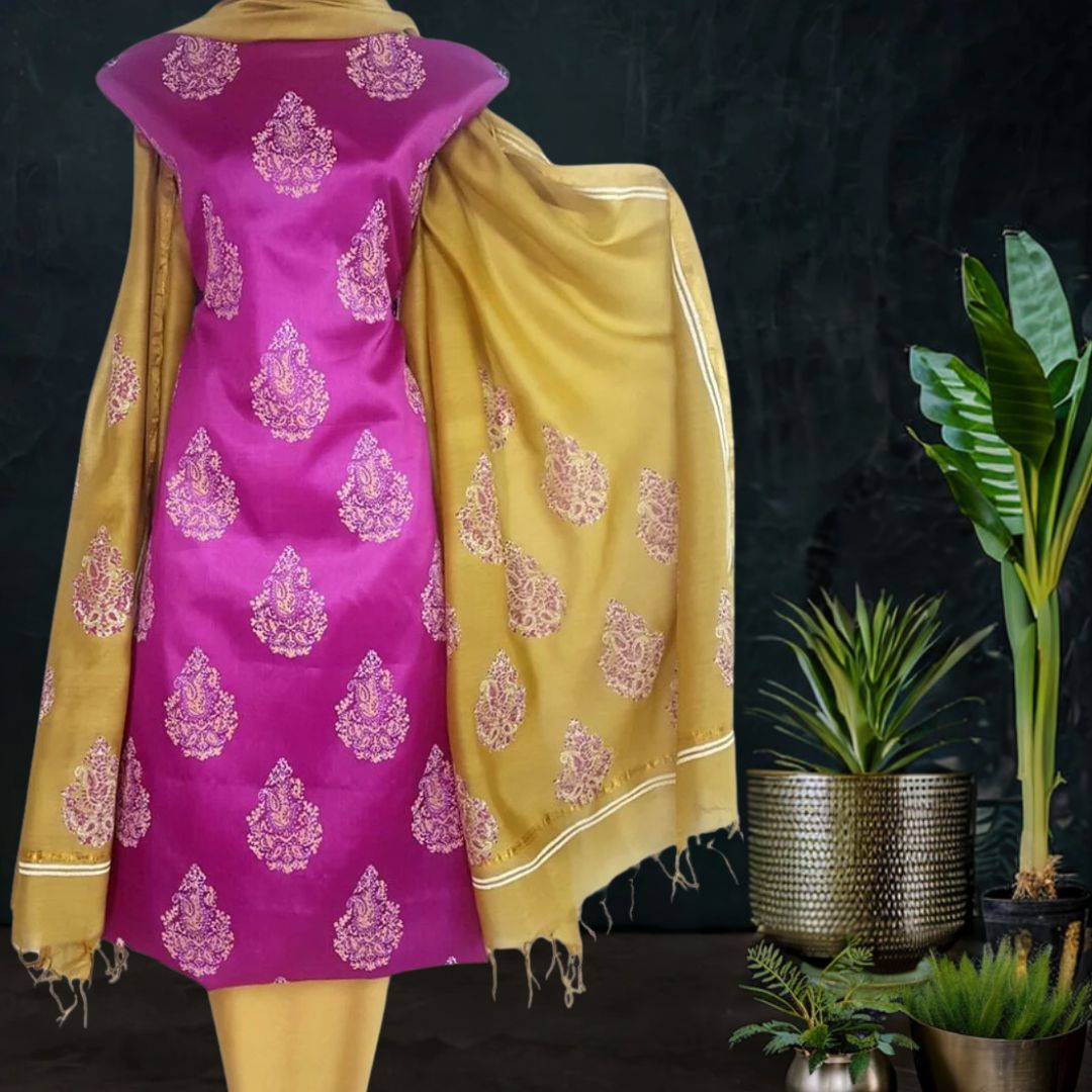 Block Printed Tussar Silk Suit with Chanderi Dupatta_Purple