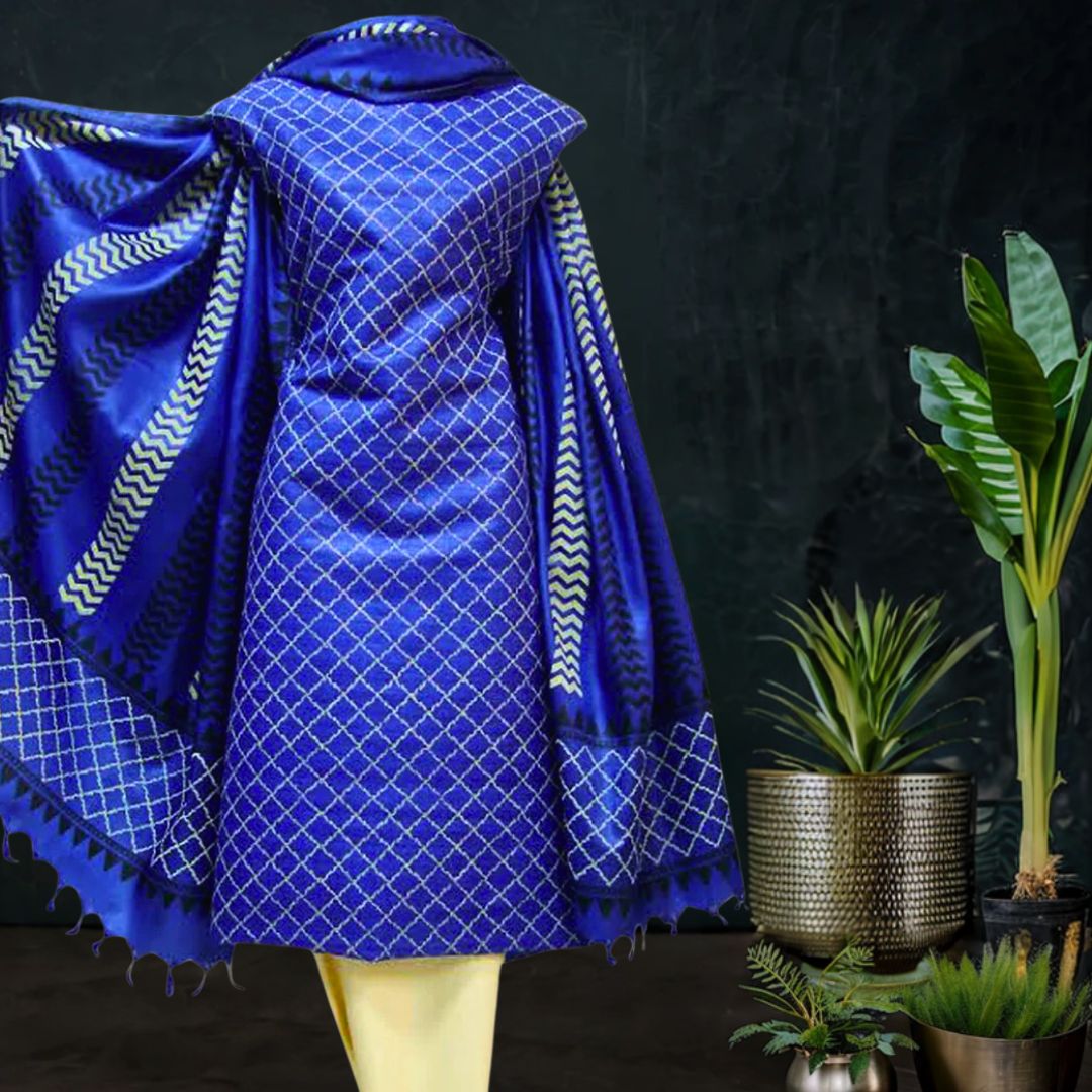 Tussar Silk Suit In Royal Blue Shade