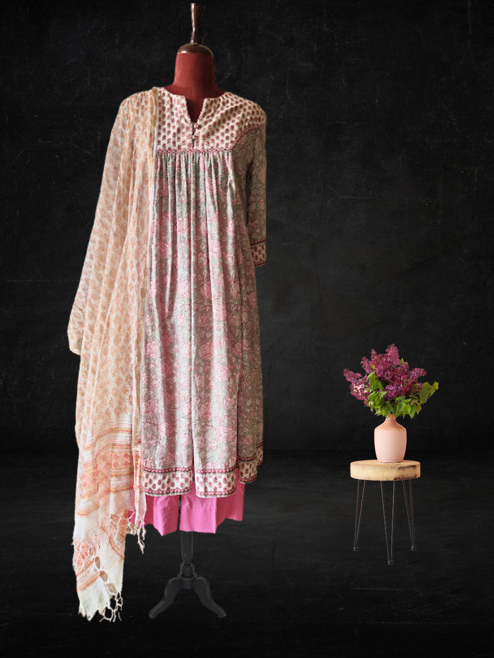 Light Grey Block Printed Kurta with Pink Farshi Set