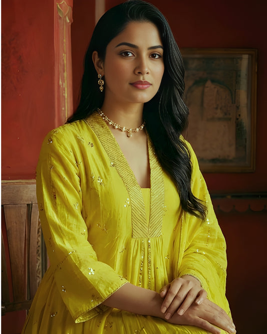 Neon Yellow Chanderi Silk Kurta Set with Embroidery and Mukaish Dupatta