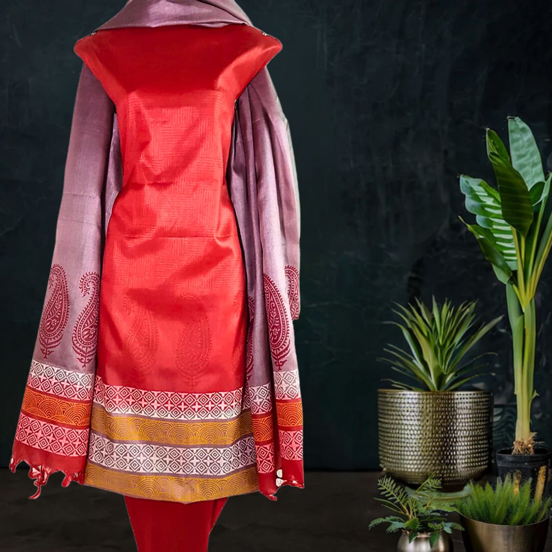 Red Block Printed Tussar Silk Dress Material
