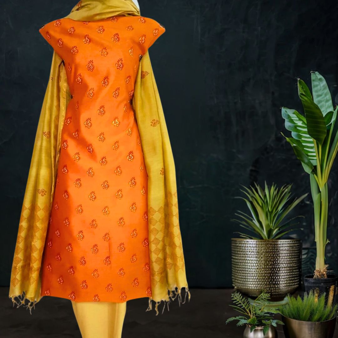 Block Printed Tussar Silk Suit with Chanderi Dupatta_Yellow