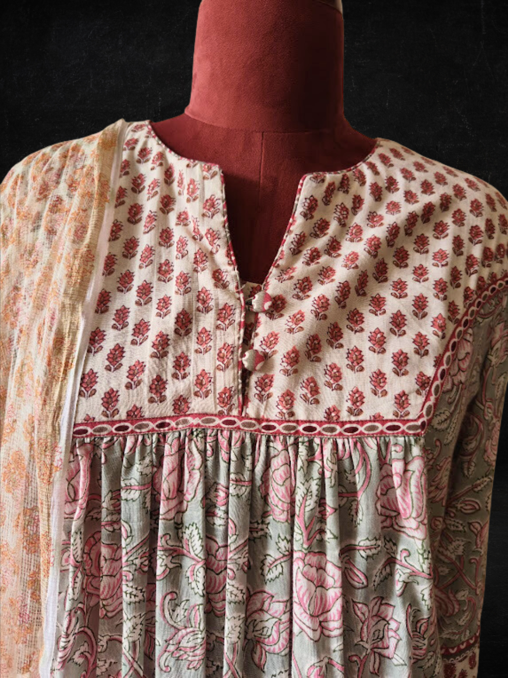 Light Grey Block Printed Kurta with Pink Farshi Set