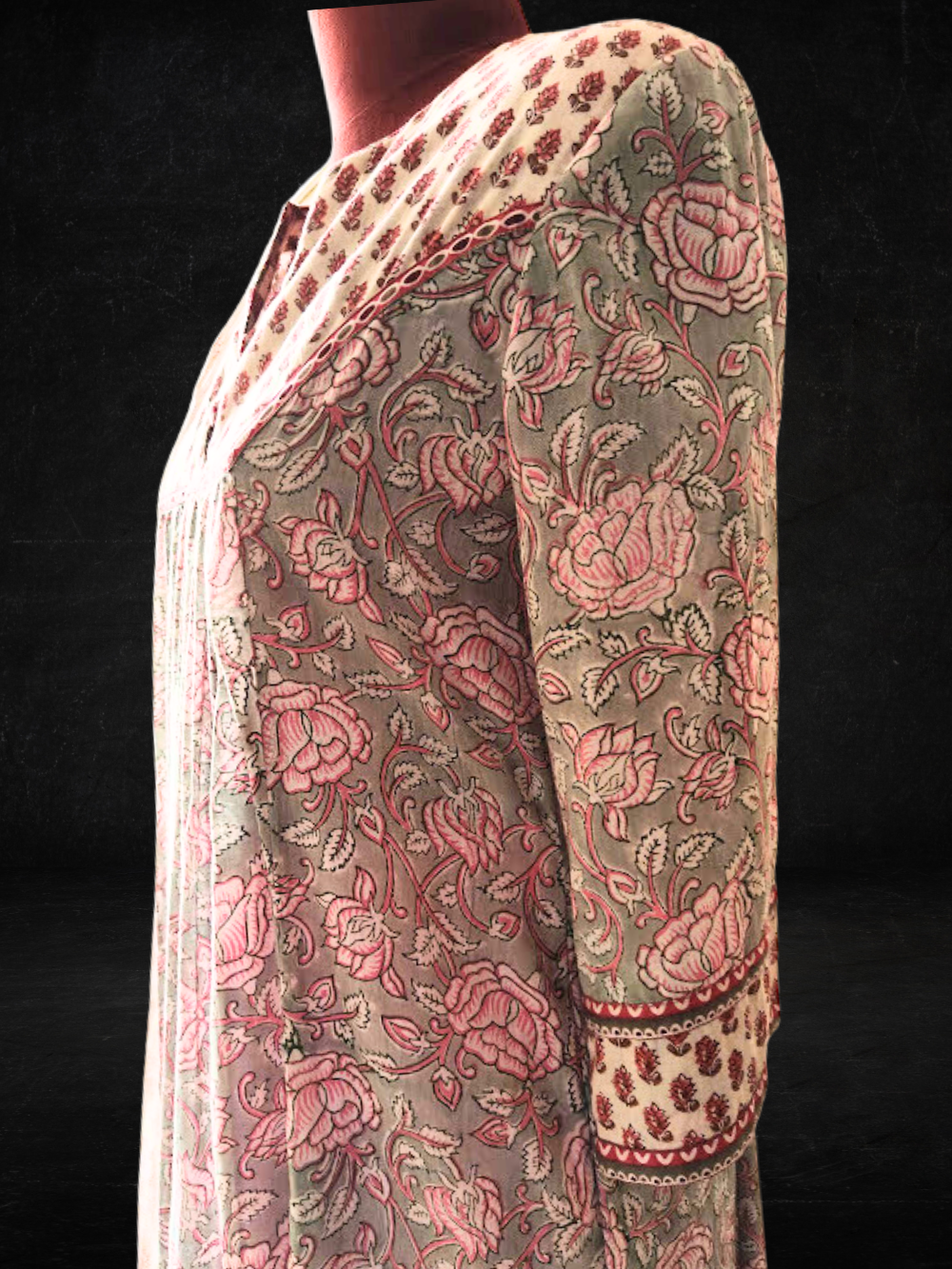 Light Grey Block Printed Kurta with Pink Farshi Set