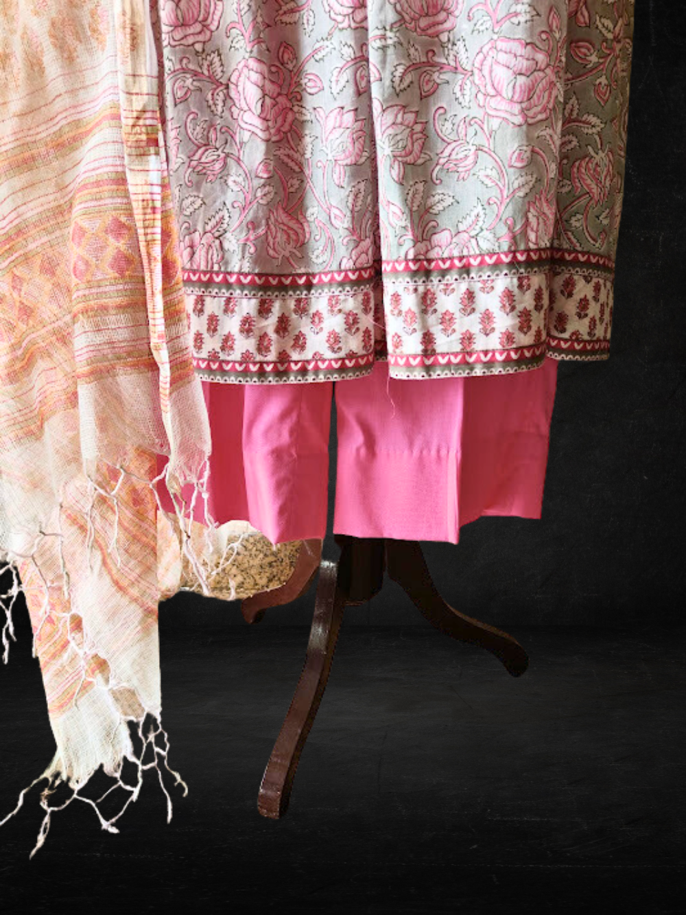 Light Grey Block Printed Kurta with Pink Farshi Set