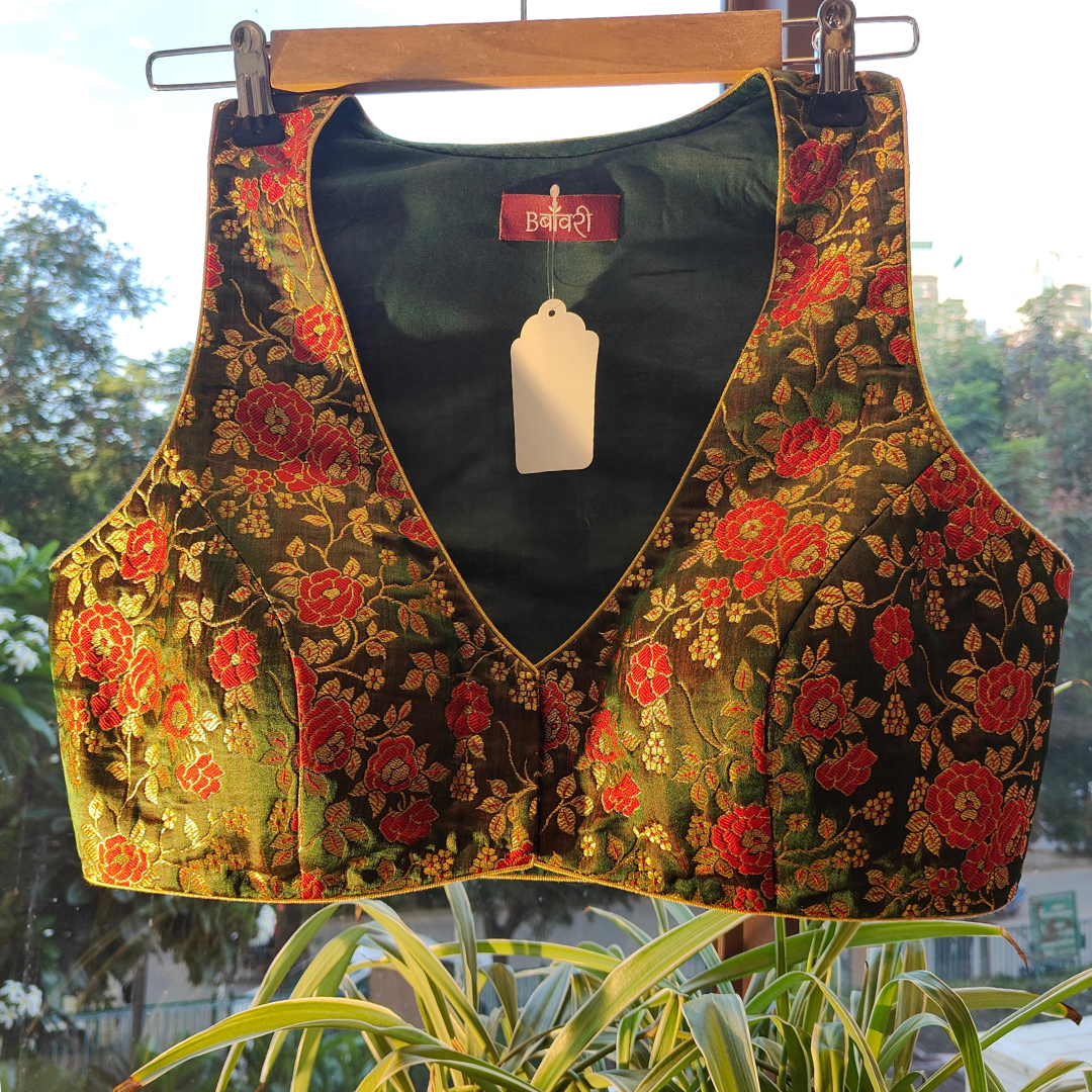 Handwoven Jaal Work Green Satin Silk Blouse