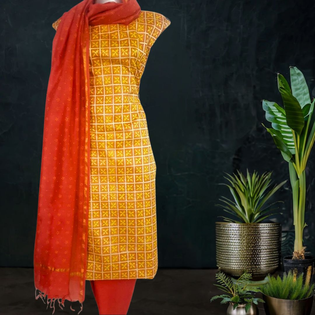Block Printed Tussar Silk Suit with Chanderi Dupatta_Yellow