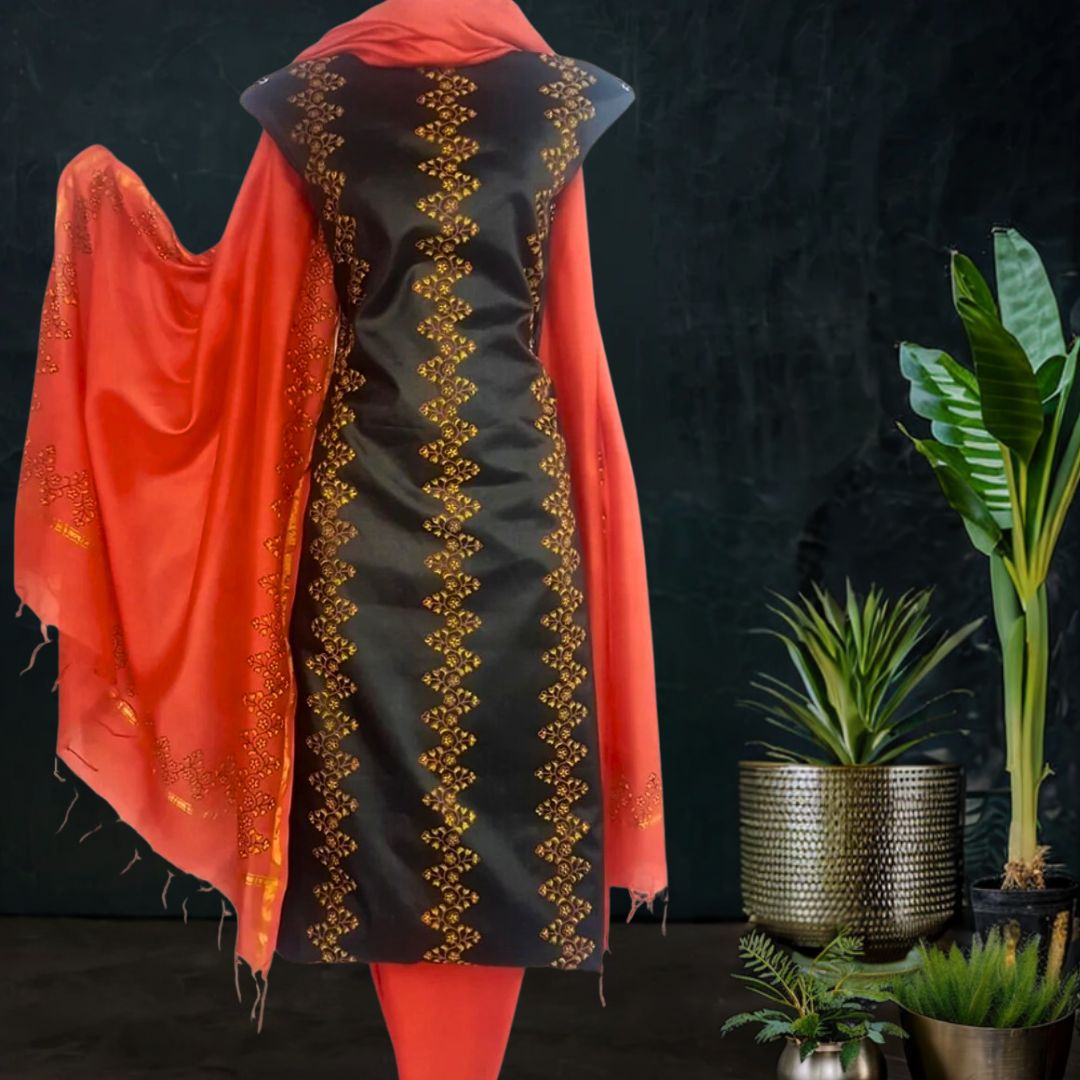 Block Printed Tussar Silk Suit with Chanderi Dupatta_Black orange