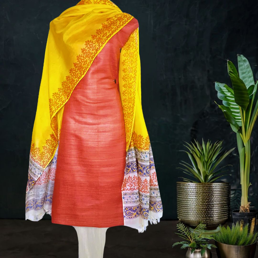 Block Printed Tussar Silk Suit Red Yellow