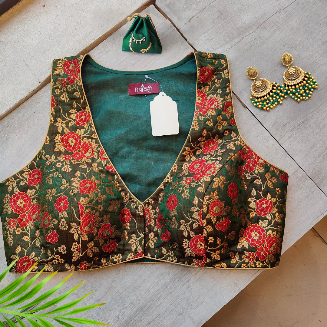Handwoven Jaal Work Green Satin Silk Blouse