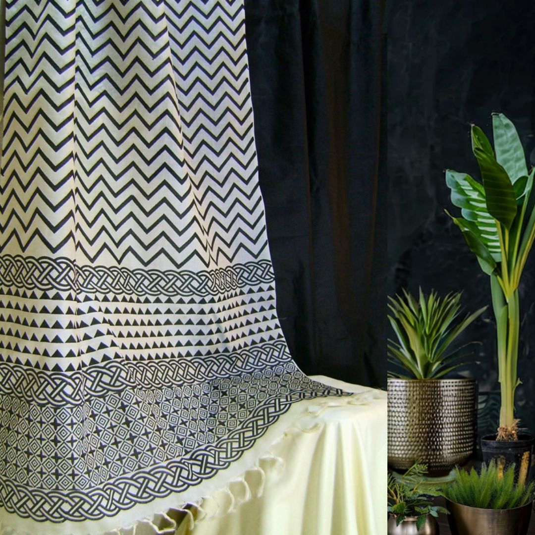 Printed Tussar Silk Suit in Black with Zigzag Design