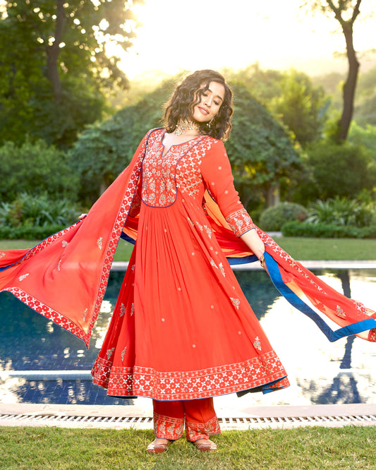 Red Georgette Kali Kurta with Gota Patti Embroidery