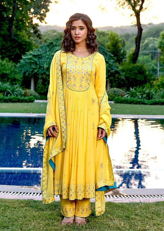 Yellow Georgette Kali Kurta with Gota Patti