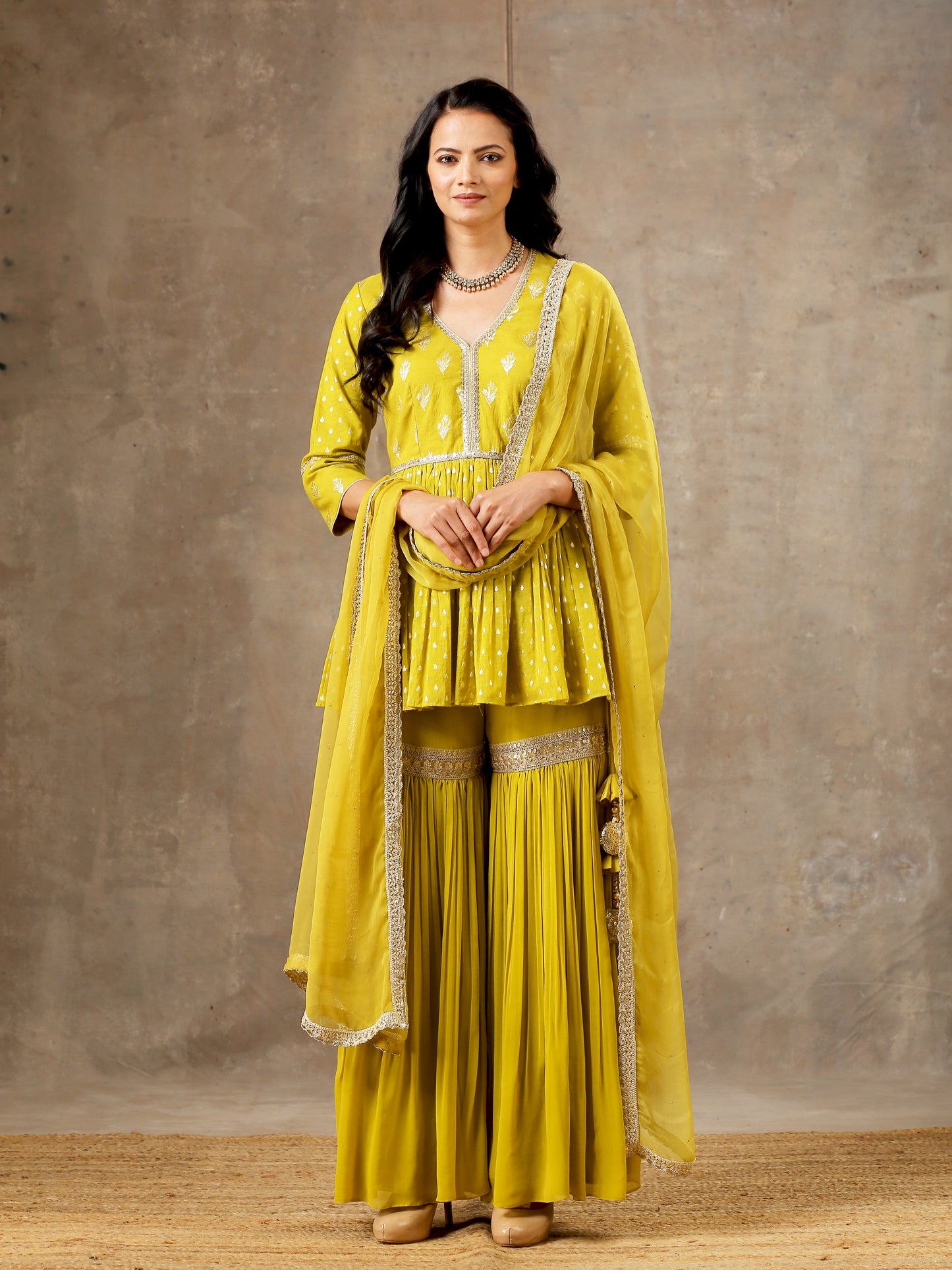 Peplum Sharara Set in Mustard Olive Shade