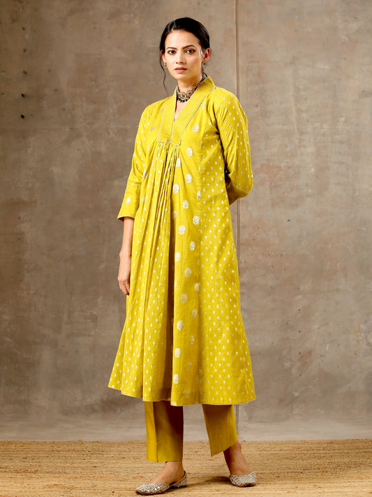 Mustard Yellow Chanderi Silk Kurta Set in 5 Kalis