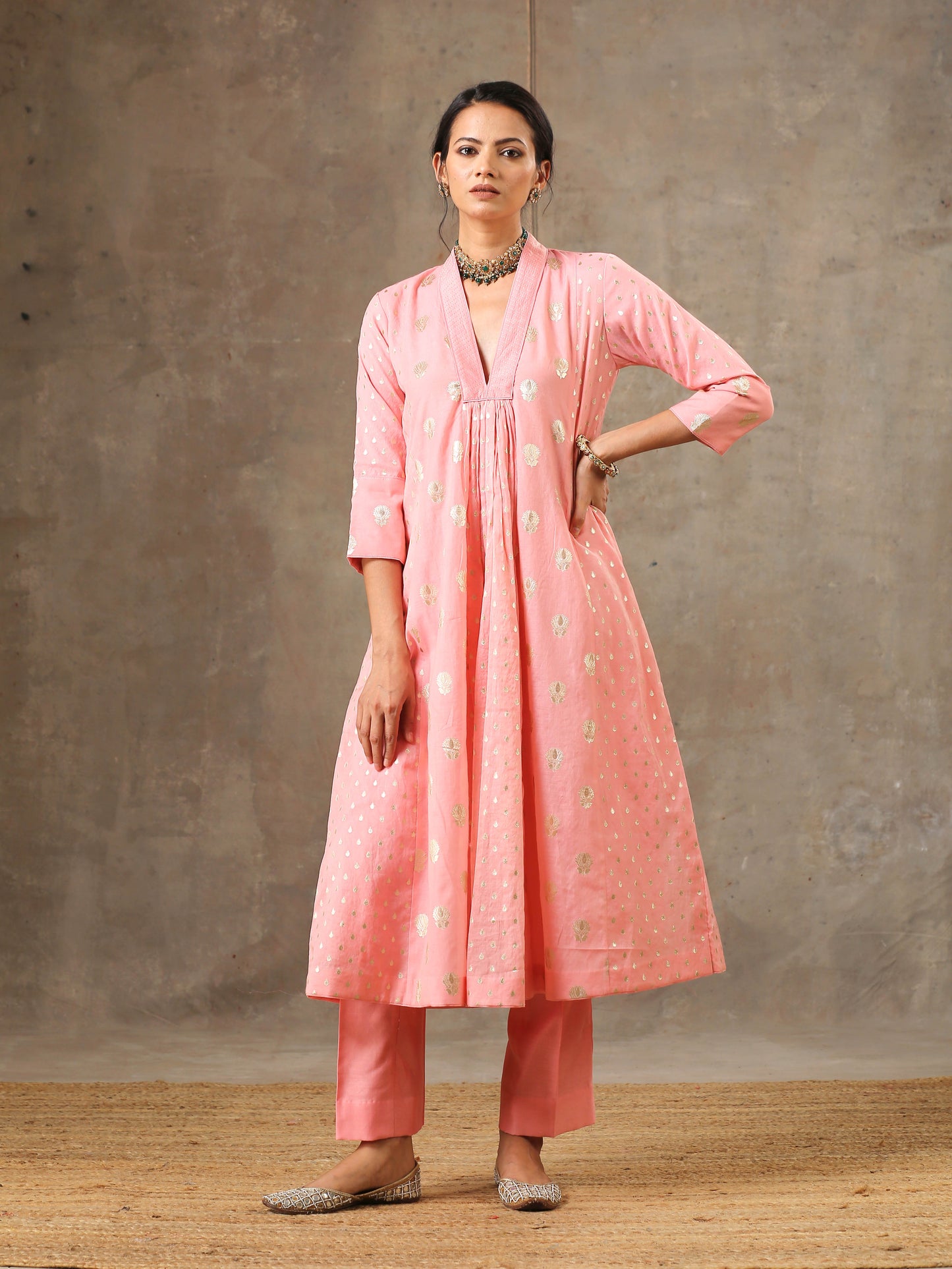 5 Kali Silk Chanderi Kurta Set in Peach