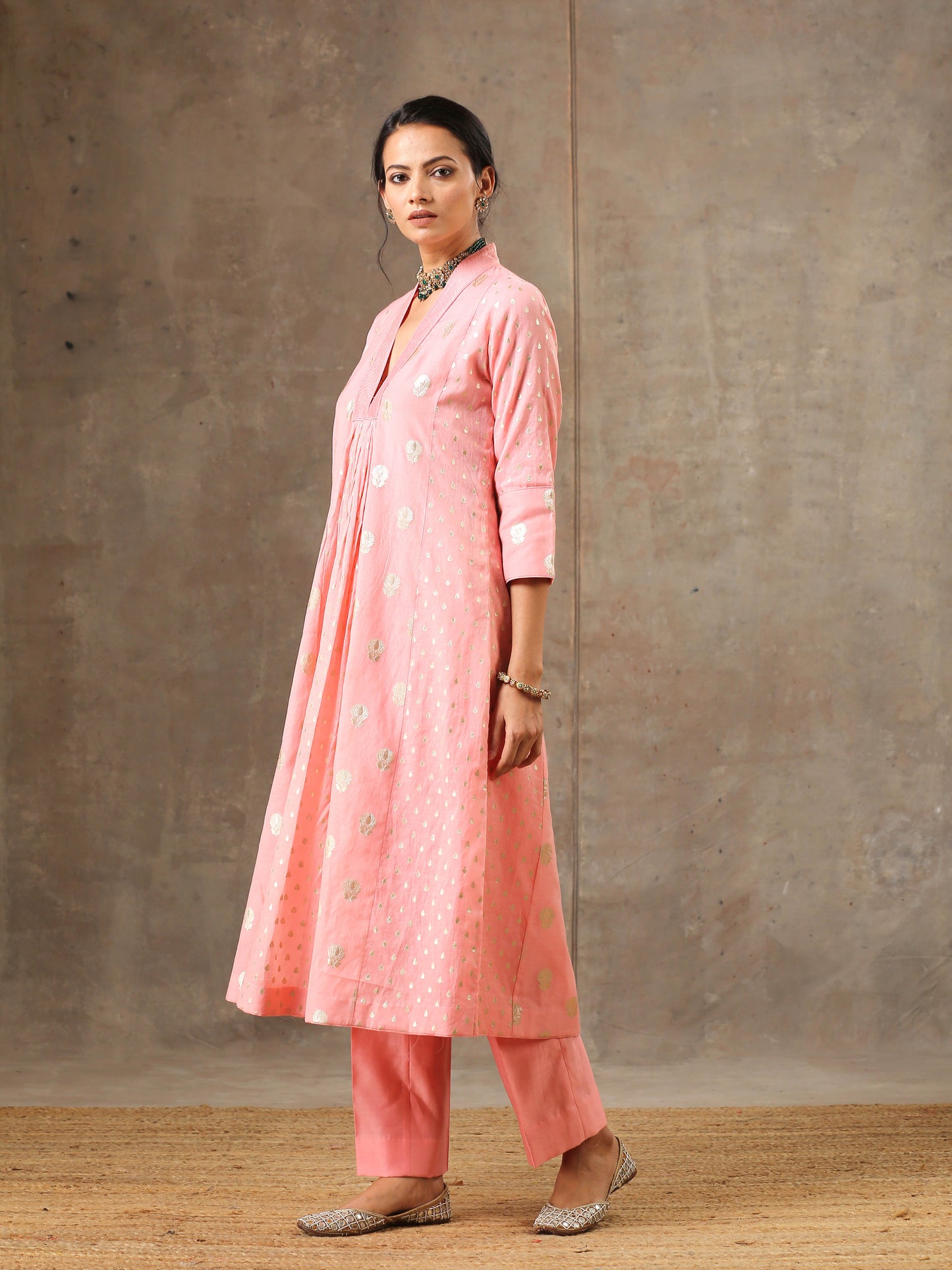 5 Kali Silk Chanderi Kurta Set in Peach