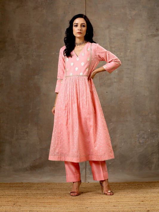 Chanderi Silk Yoke Kurta in Pink Peach Color