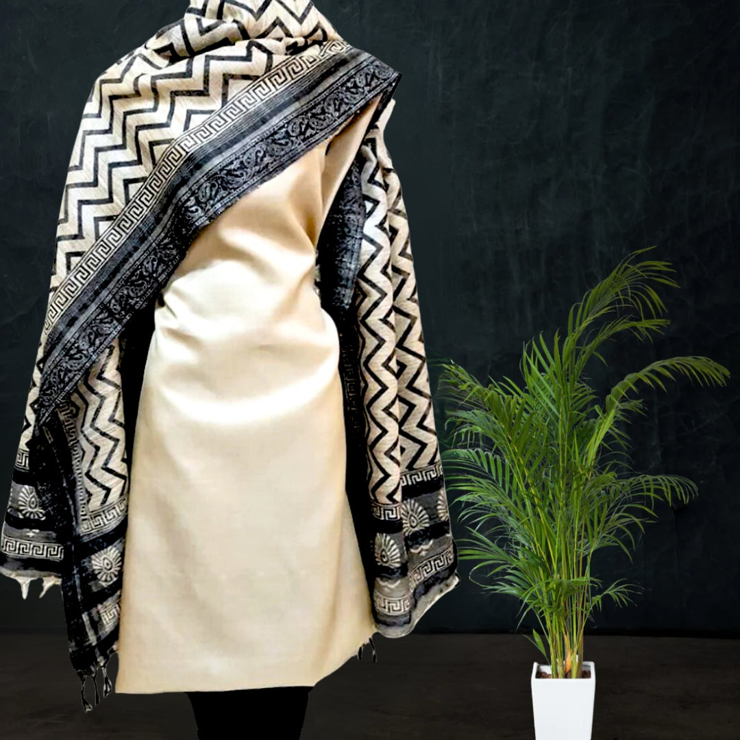 Block Printed Tussar Silk Suit in Cream Black Color BBETU025