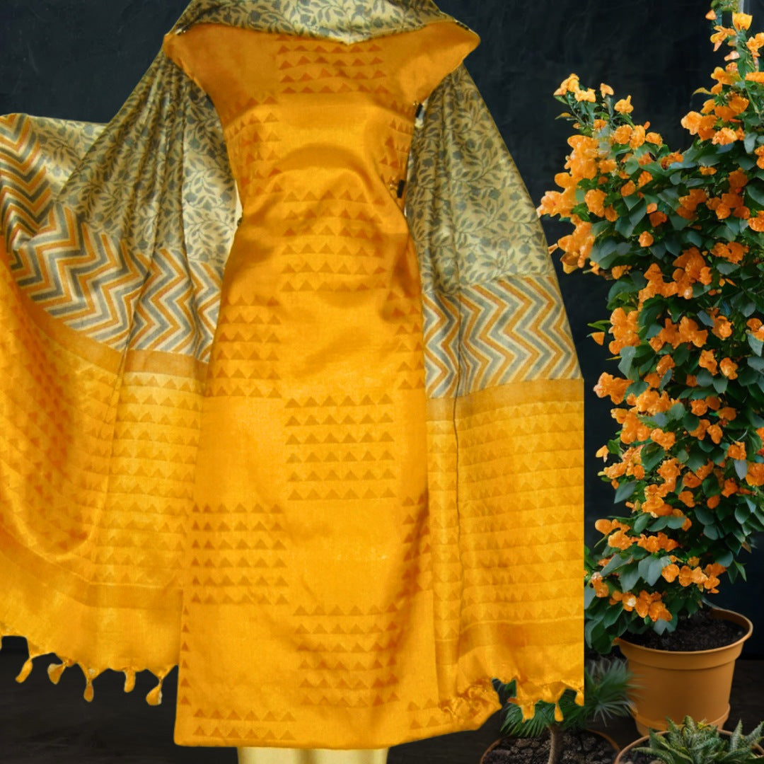 Tussar Silk Dress Material in Mustard Yellow Golden
