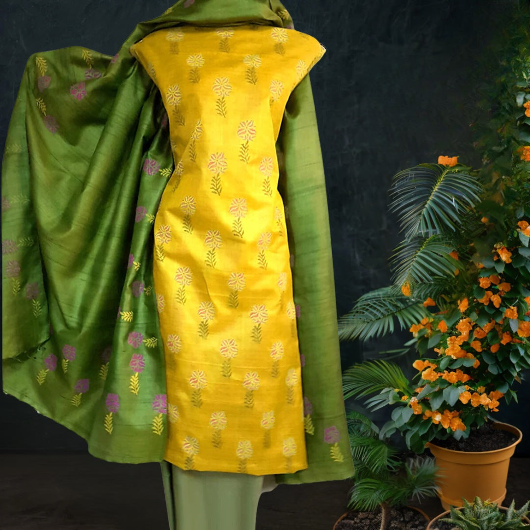 Tussar Silk Dress Material in Yellow and Green