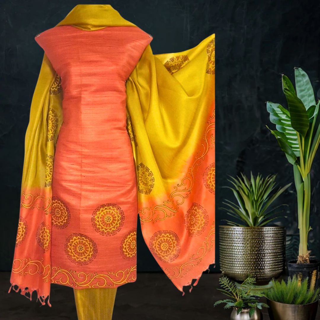 Block Printed Chanderi Silk Set_Orange