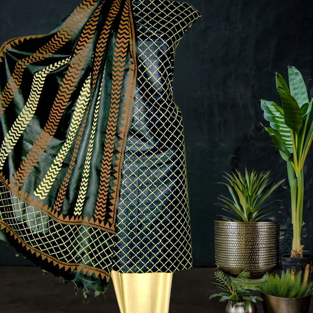 Black Hand Block Printed Tussar Silk in Black Color