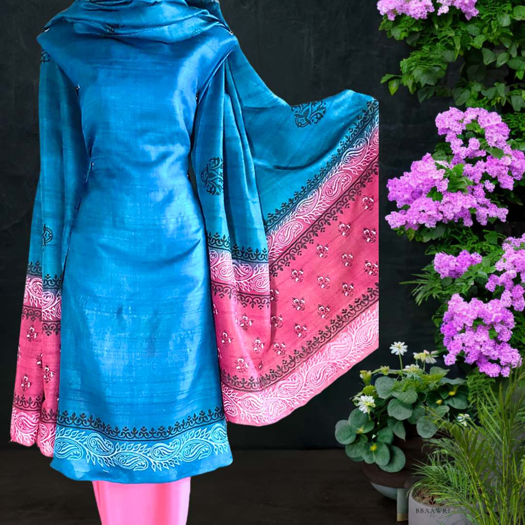Block Printed Tussar Silk Suit in Blue Pink Color