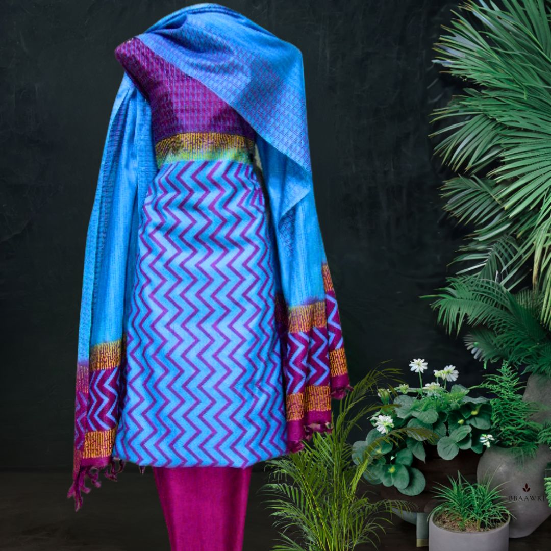 Tussar Silk Dress Material in Blue with Zig Zag Patterns