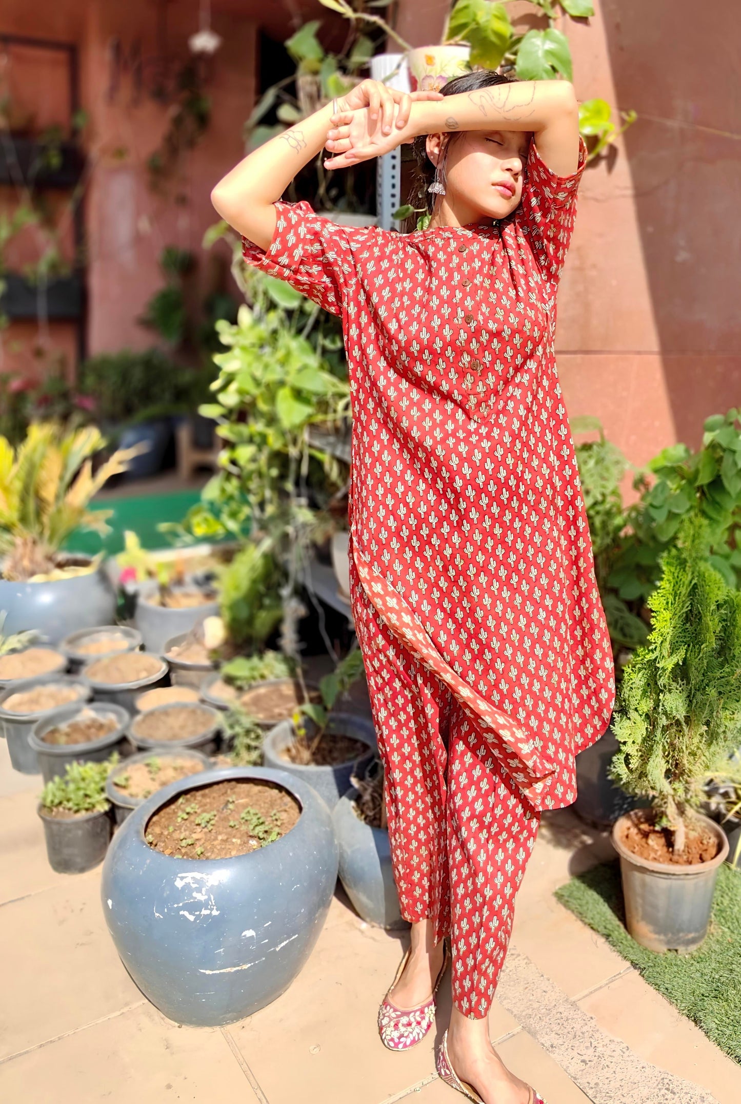 Rust Red Bagru Cotton Coord Set with Elbow Sleeves