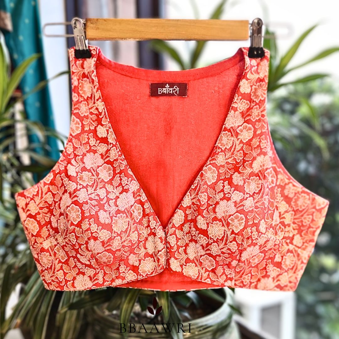Designer Brocade Red Blouse in Deep V Neck