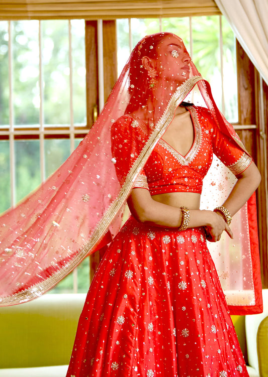 Mastaani Coral Red Nakshi Lehenga