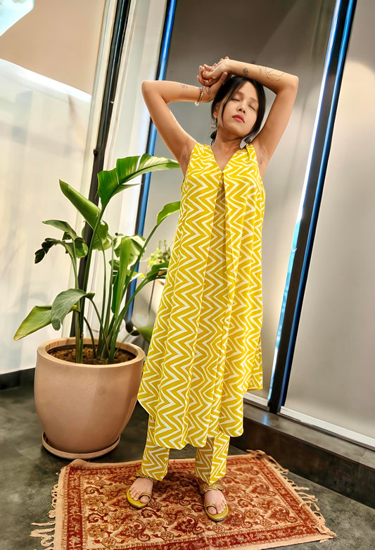 Yellow Printed Indo-Western Coord Set