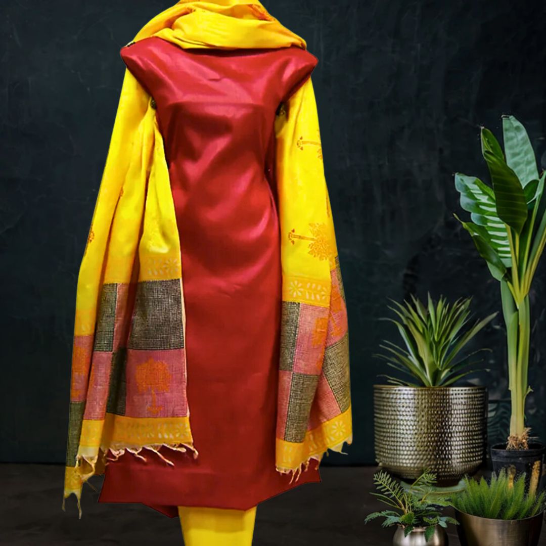 Printed Red Tussar Silk with Yellow Dupatta