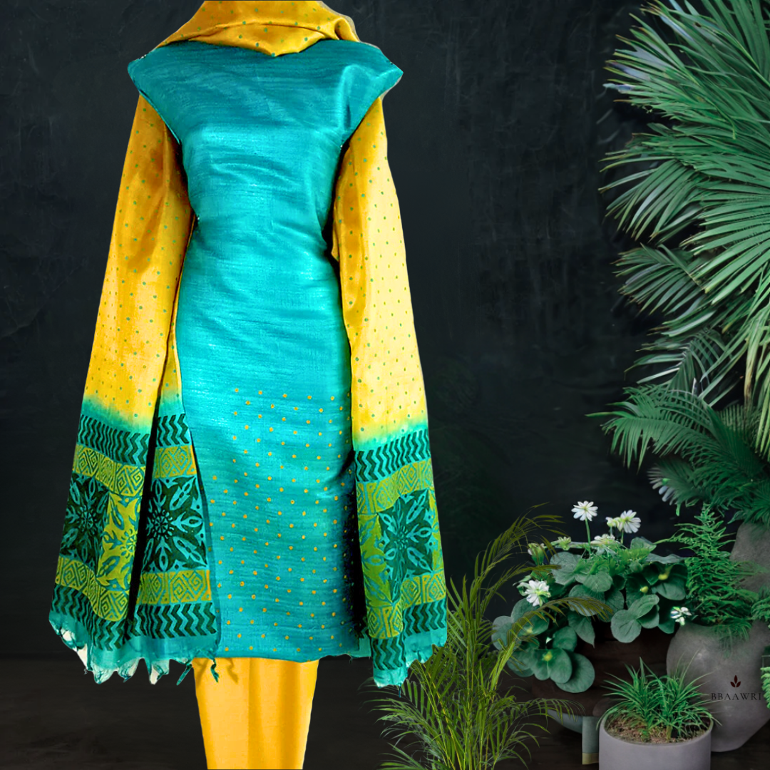 Printed Yellow Green Tussar Silk Unstitched Set