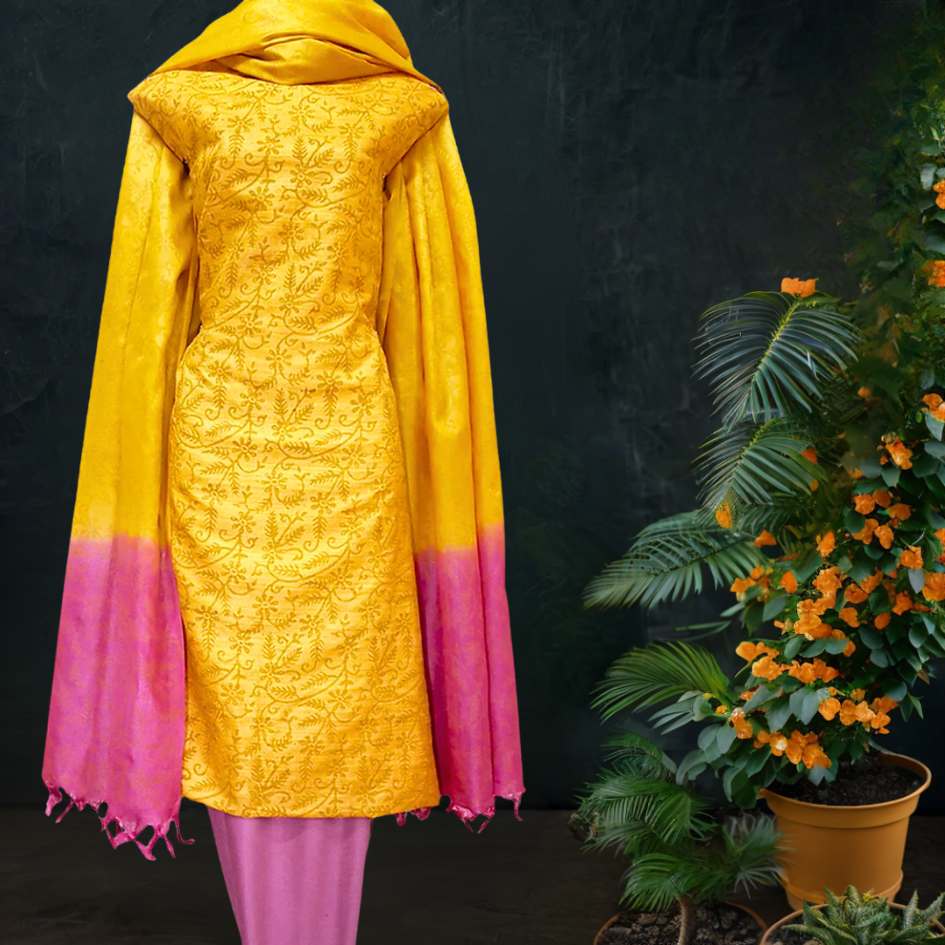 Beautiful Tussar Silk Salwar Suit in Yellow and Pink