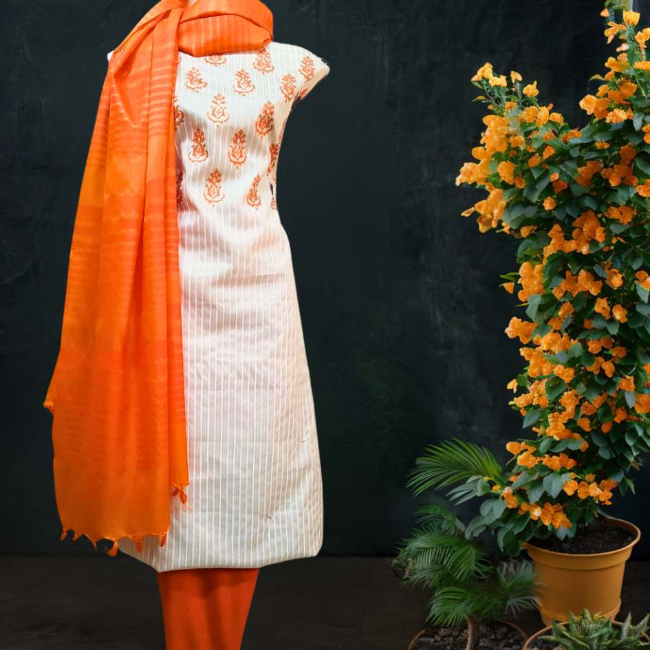 Tussar Silk Dress Material in White and Orange