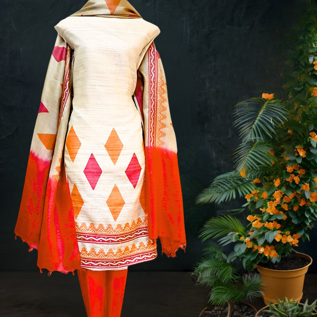 Tussar Silk Dress Material with Dupatta in Off White and Orange