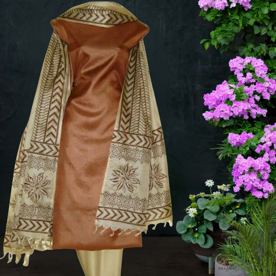 Printed Tussar Silk Salwar Suit in Brown