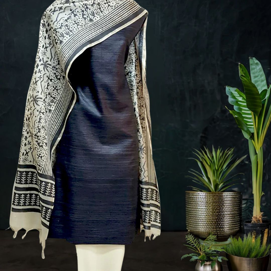 Tussar silk dress material Black off white