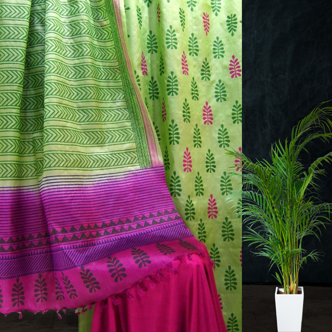 Block Printed Tussar Silk Suit Green Butta
