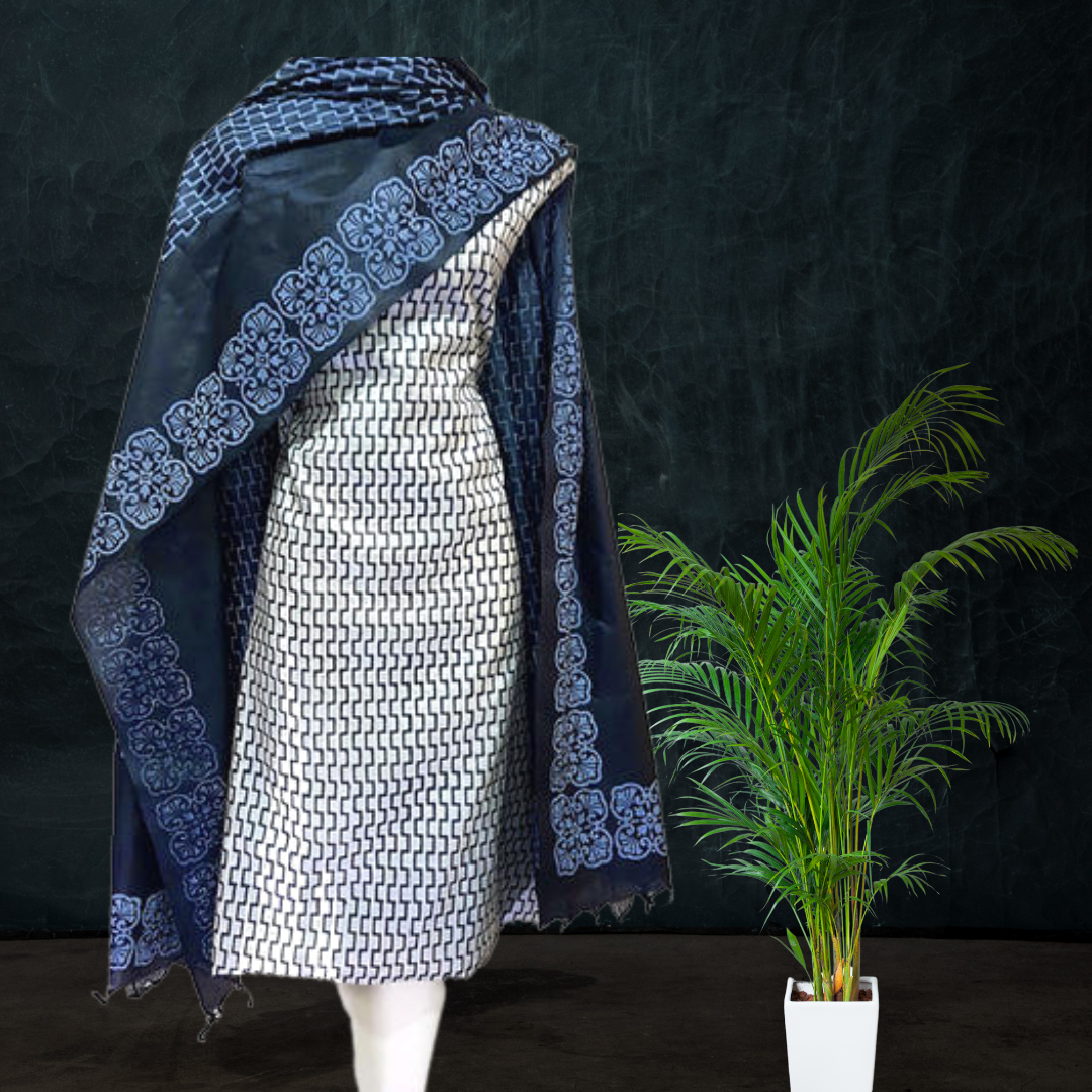 Block Printed Tussar Silk Suit White Black