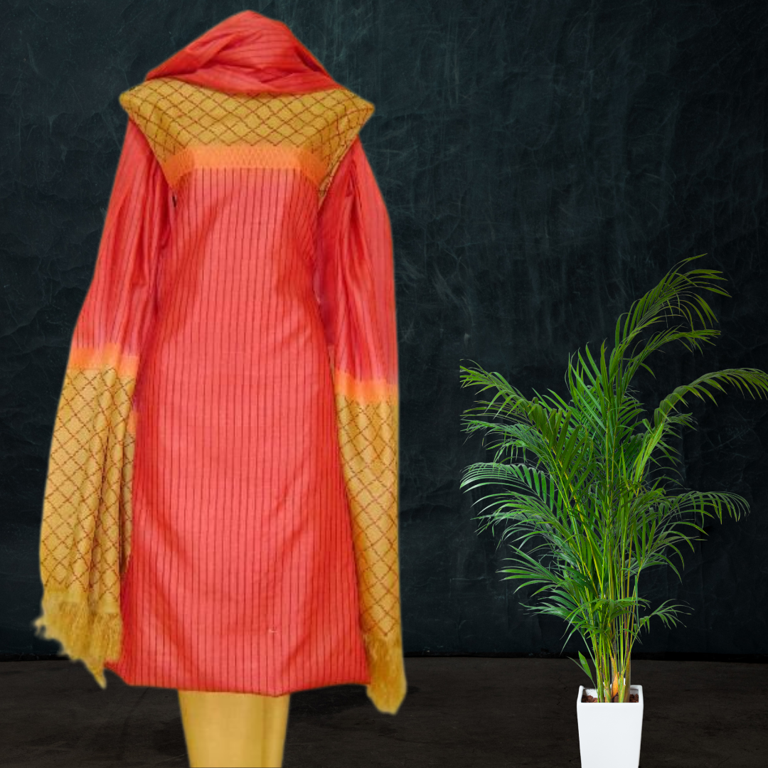 Block Printed Tussar Silk Suit Red