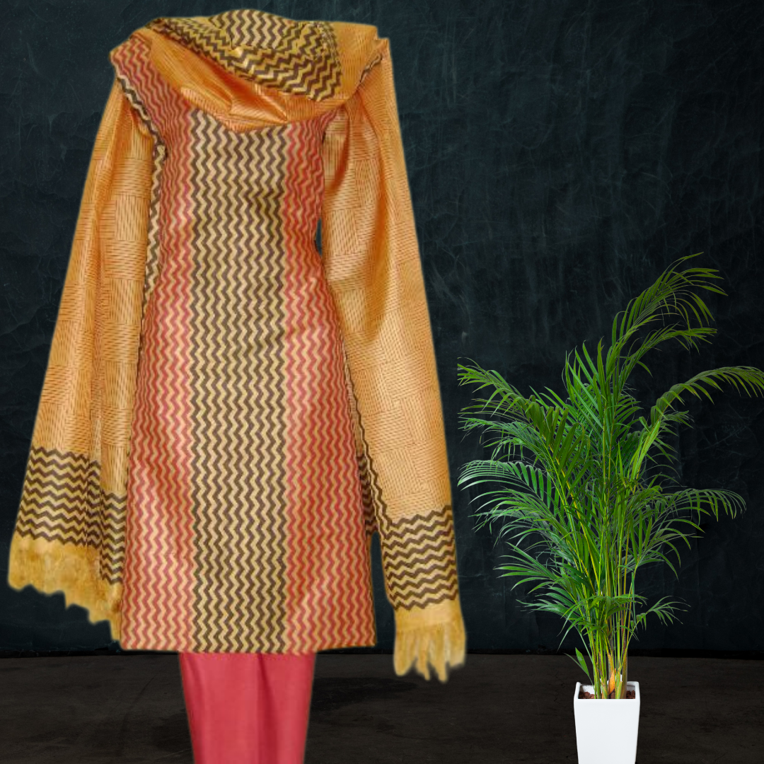 Block Printed Tussar Silk Suit Brown
